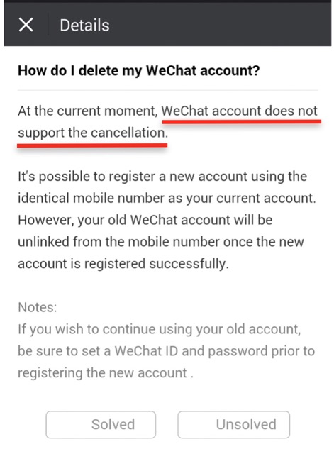 We Chat does not allow for deleting of your account