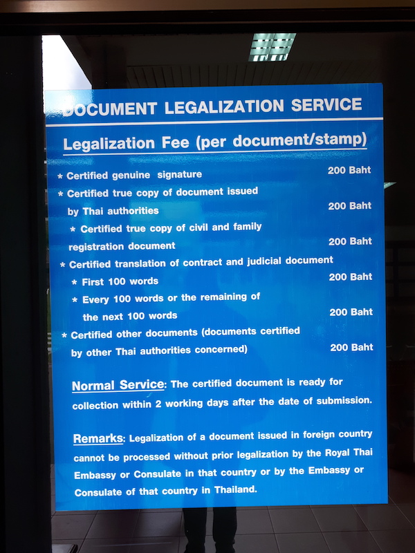 Legalisation fees in Chiang Mai