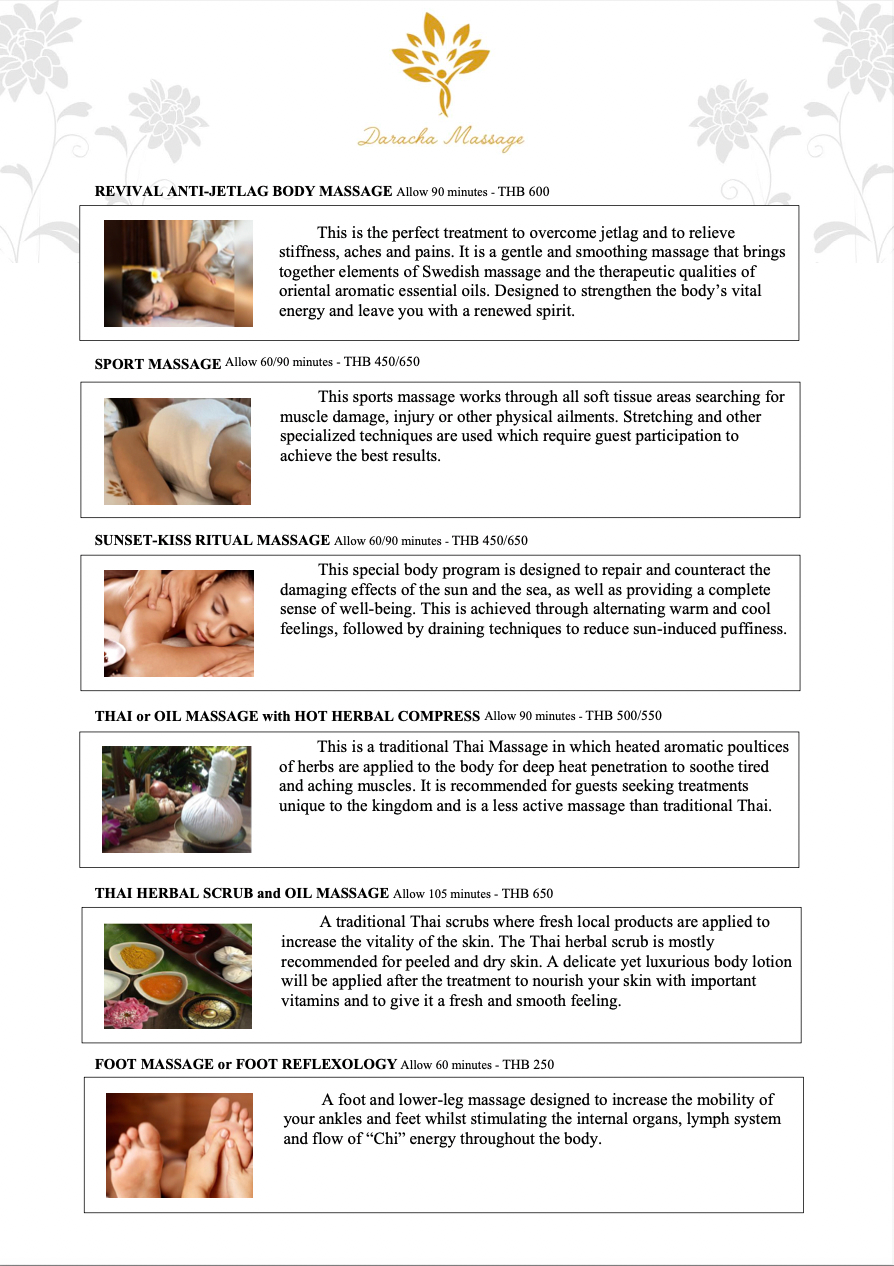 Daracha Massage menu
