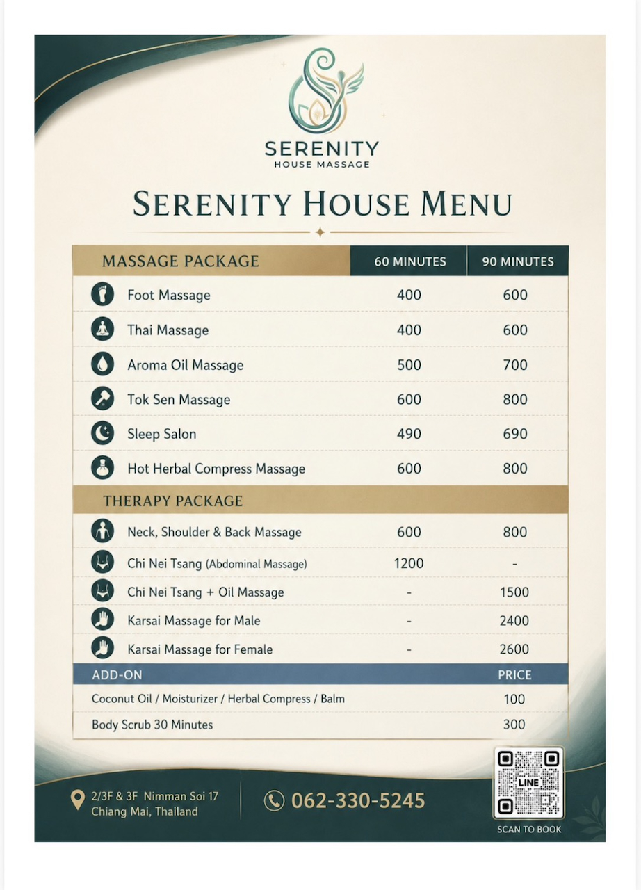 Serenity House Massage Chiang Mai Menu