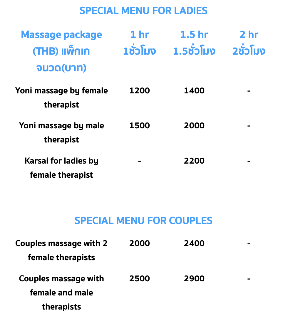 Dream Massage Chiang Mai menu for ladies and couples