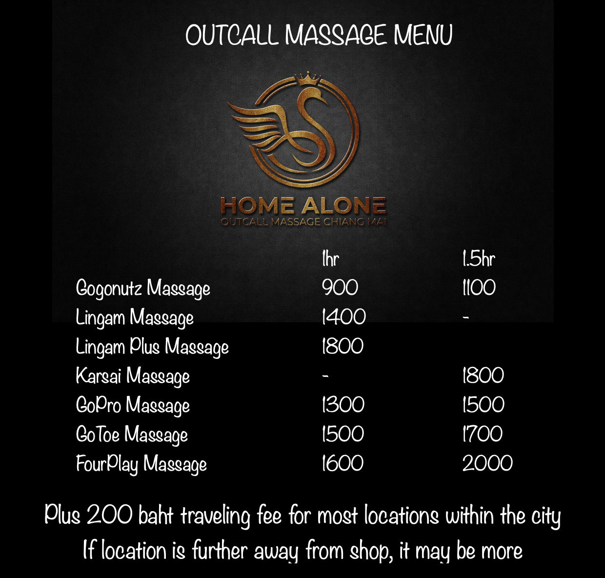 Home Alone Outcall Massage Chiang Mai menu โฮมอะโลน นวดนอกสถานที่เชียงใหม่