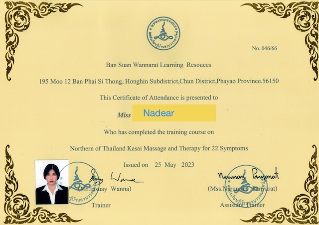 Karsai by Nadear in All about Touch Massage Chiang Mai certificate Lanna Style Karsai