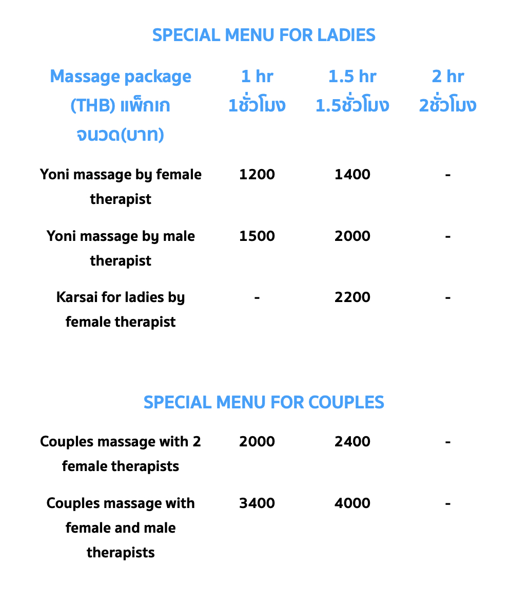 Dream Massage Chiang Mai menu for ladies and couples