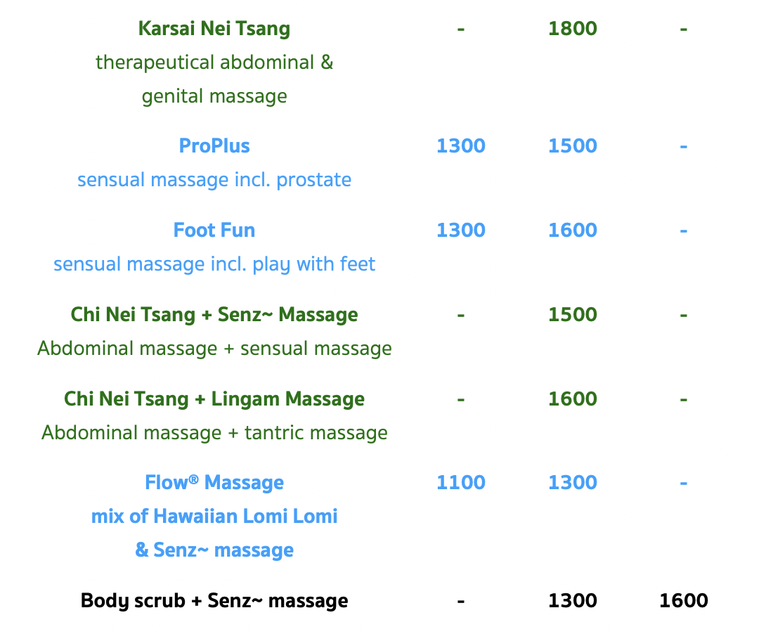 Senz Diva Massage Chiang Mai menu
