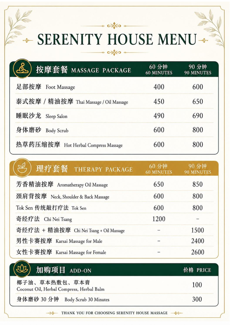 Serenity House Massage Chiang Mai menu