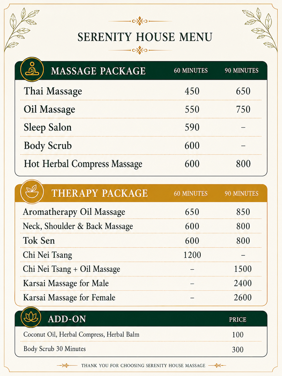 Serenity House Massage Chiang Mai Menu