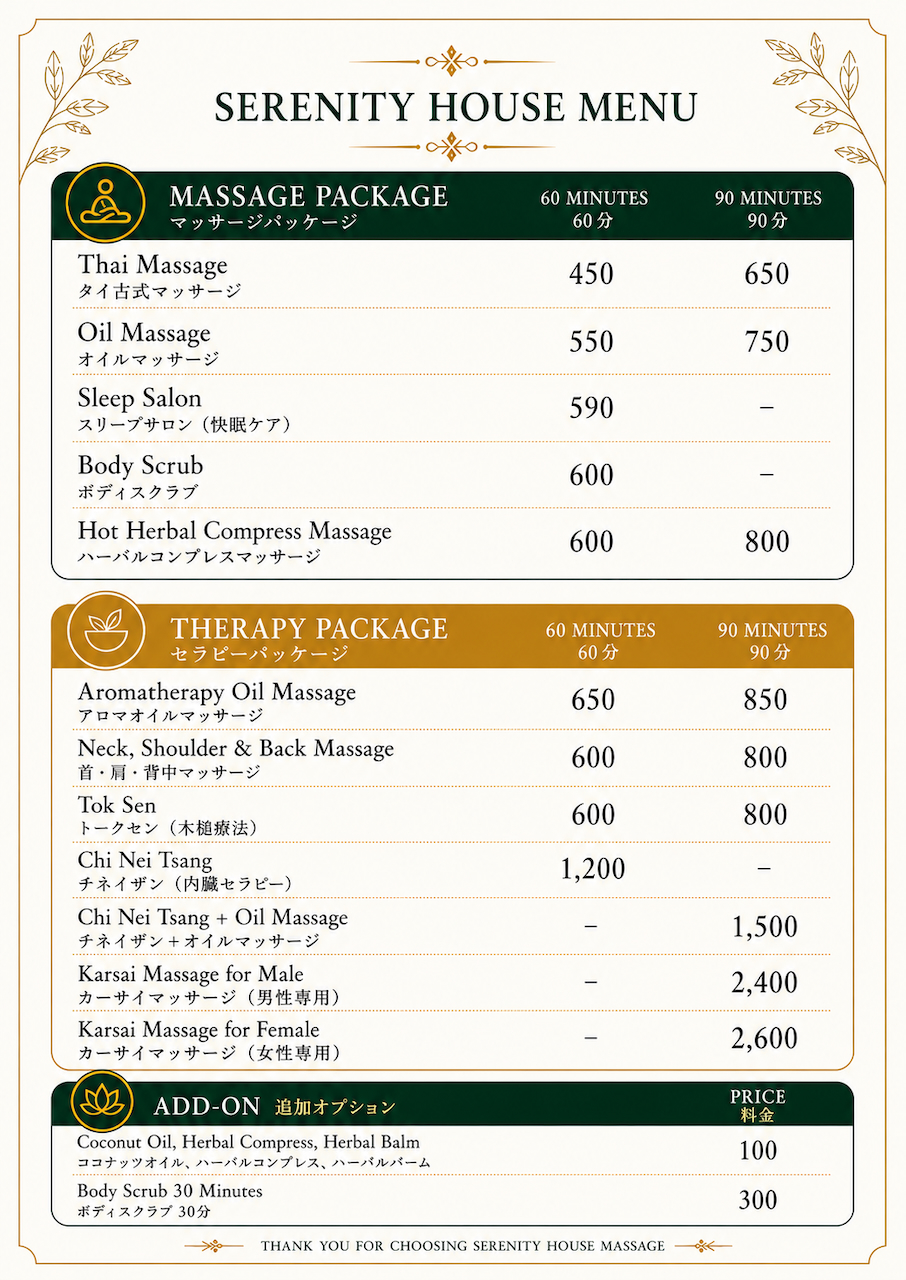 Serenity House Massage menu Chiang Mai