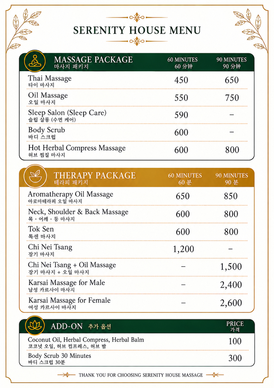 Serenity House Massage menu Chiang Mai