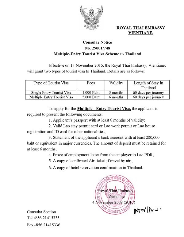 vientiane thai embassy tourist visa